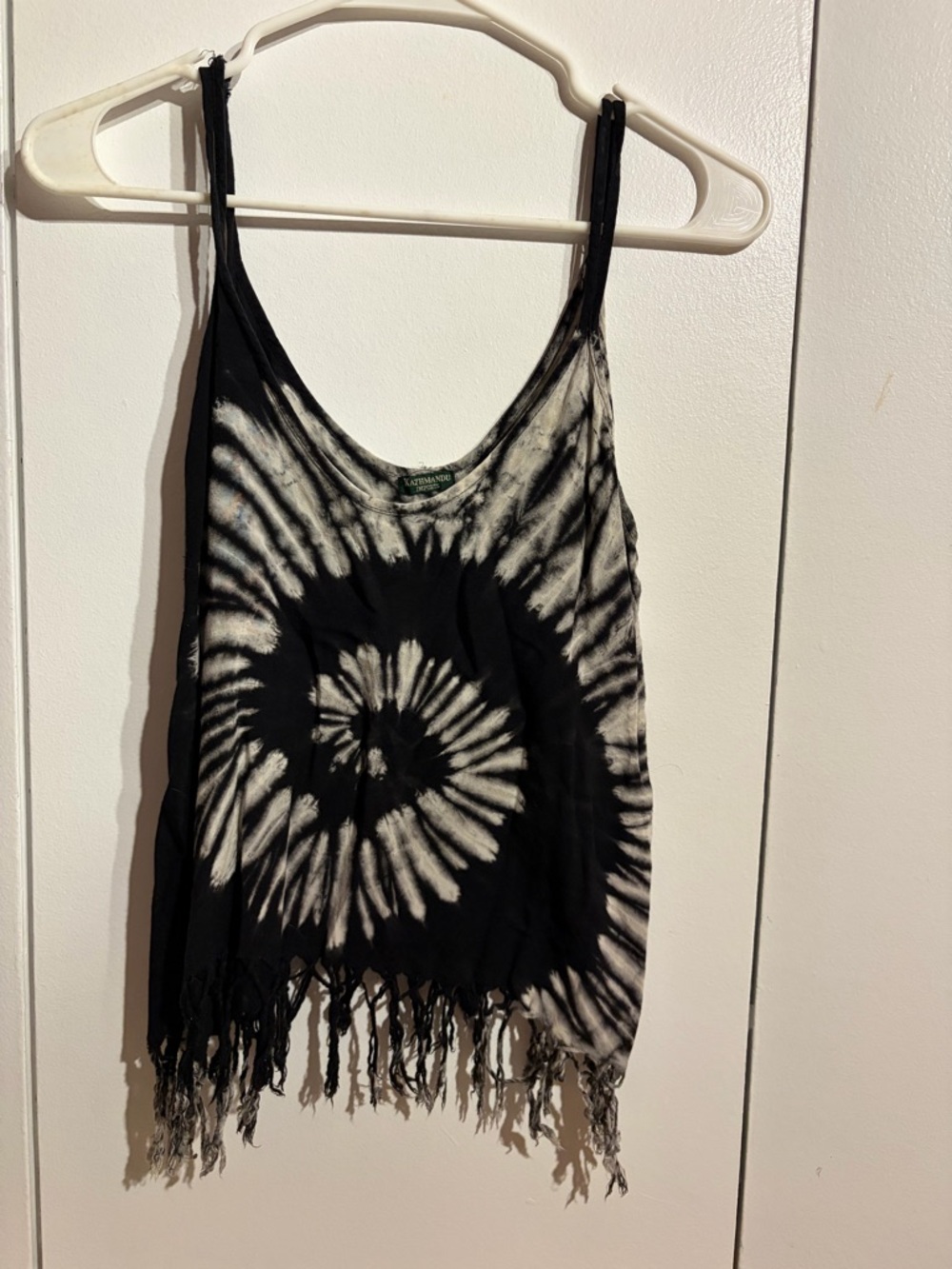 Boho Tie-Dye Fringe Tank Top - Black & White